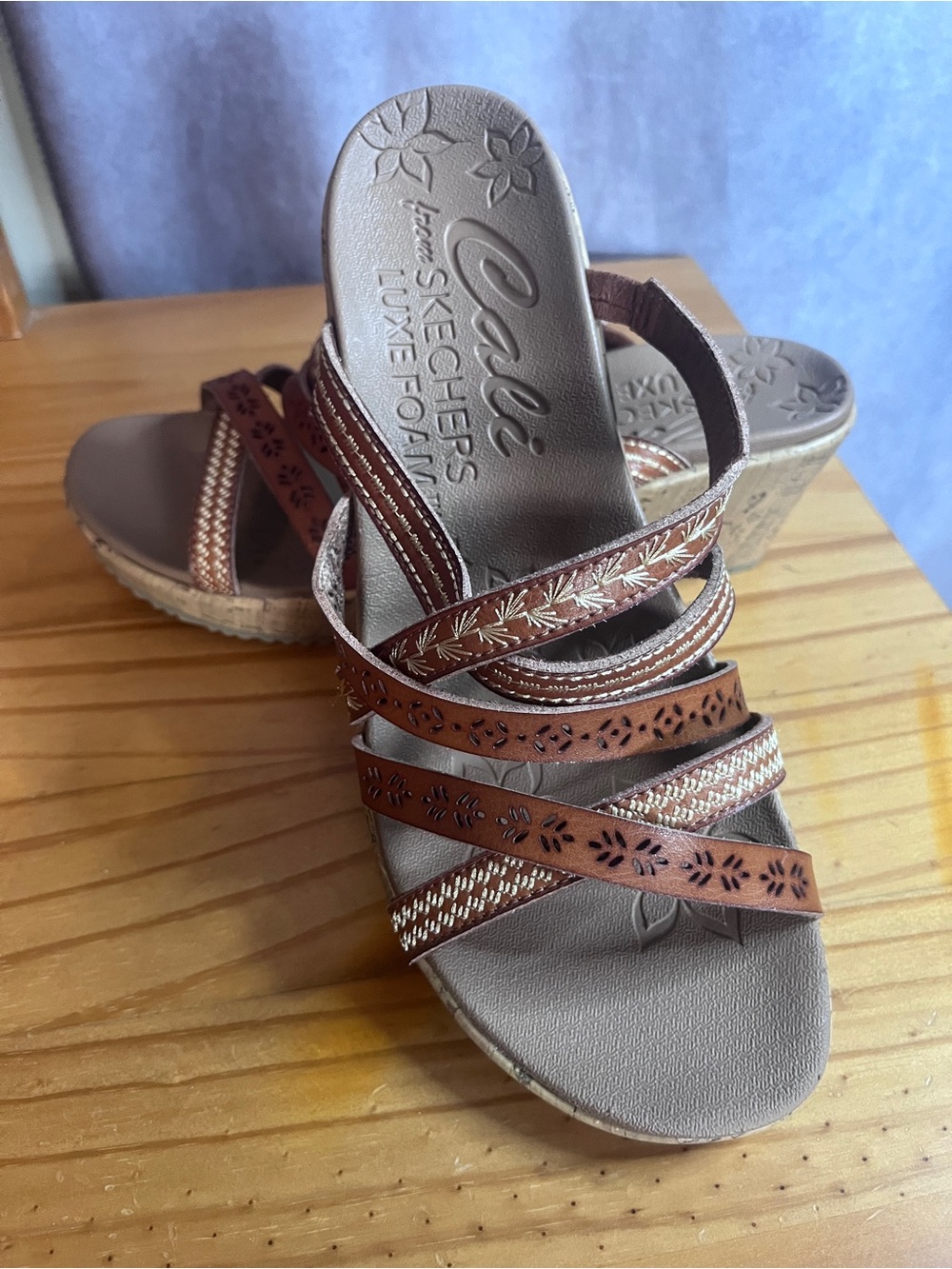 Skechers Cali Brown Strappy Wedge Sandals with Decorative Braided Straps